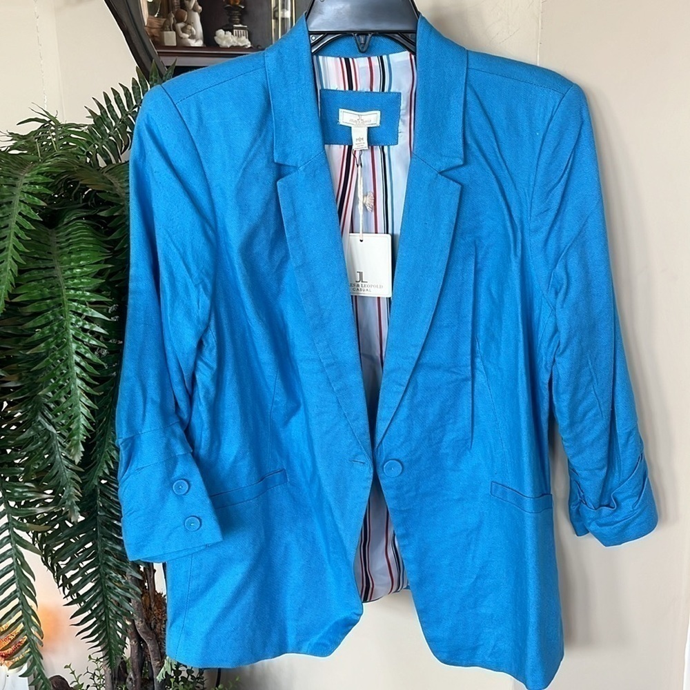 Brand New Jules & Leopold Blue Linen Blazer Ruched Sleeves Lined Tailored